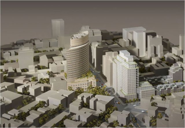 A rendering of the planned new hospital from the southwest. The proposed new condominium tower and town houses is seen to its right.